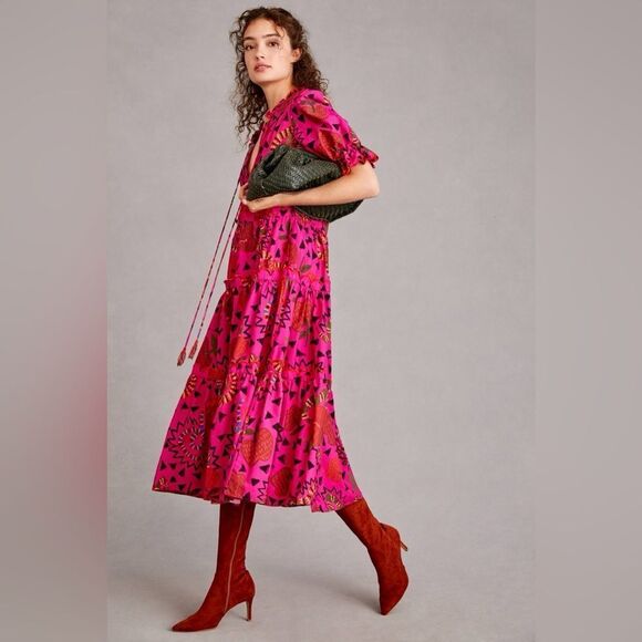 NWT Farm Rio Anthropologie Tiered Midi Dress in Pink - Picture 3 of 11